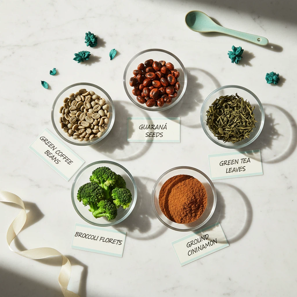 Overhead flat-lay of green coffee beans, guaraná seeds, green tea leaves, broccoli and cinnamon on white marble - Slim Coffee Booster ingredients