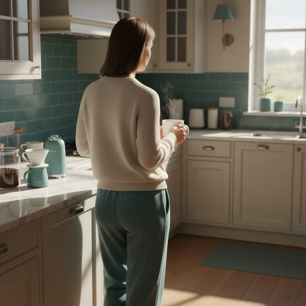 Anonymous person from behind, hands wrapped around a coffee mug at a bright kitchen window