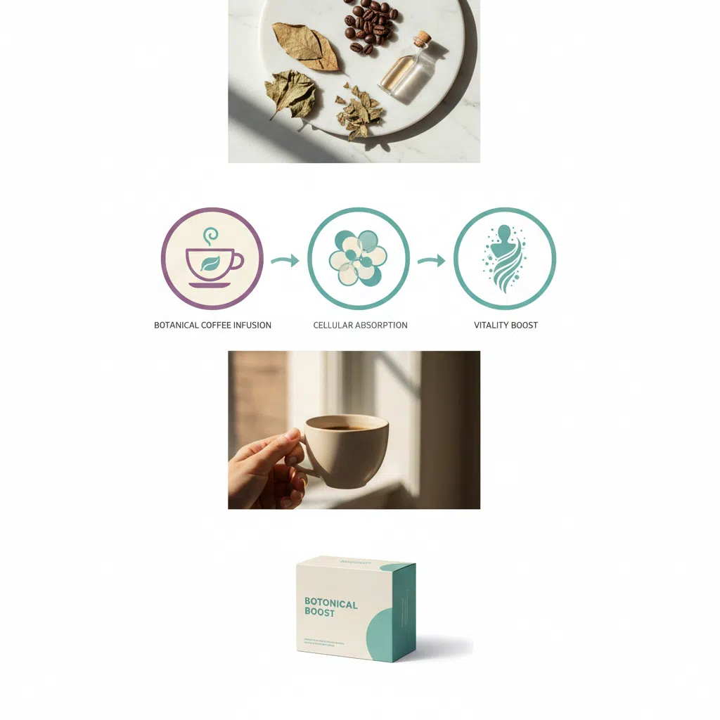 Editorial infographic showing three steps: botanical cup, teal cell molecule cluster, energy spark silhouette